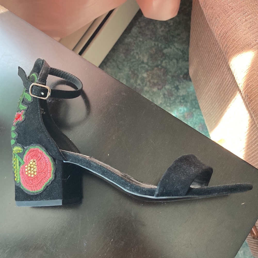 Black floral embellished leather Steve Madden ankle strap kitten heel sandals